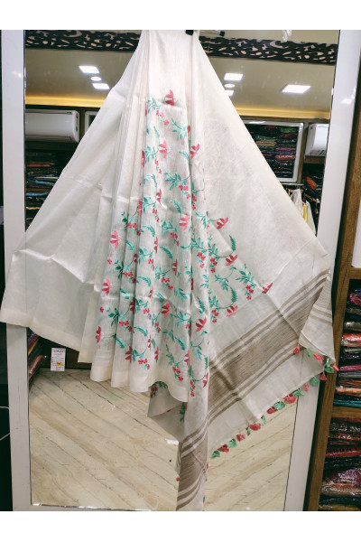 All Over Embroidery Work Design White Silk Linen Saree (KR1002)